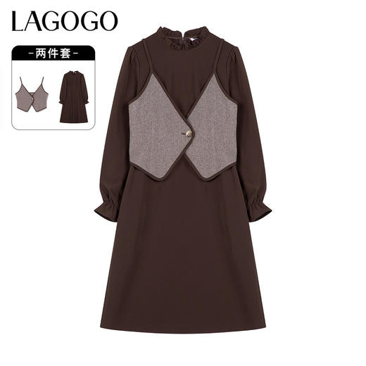 Lagogo拉谷谷2021冬季新款咖啡色泡泡袖连衣裙两件套女a字中长裙KCLL83XA25 商品图0