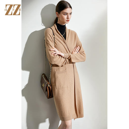 佐尔美2021冬季新款 卡其色绿色长袖中长羊毛衫开衫外套女E04MS05 商品图2