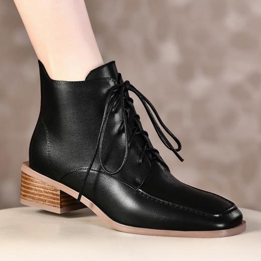 上海旗袍厂TJXY-XF8172    秋冬新款绑带真皮方头低跟骑士靴温柔气质时尚百搭短筒靴 商品图6