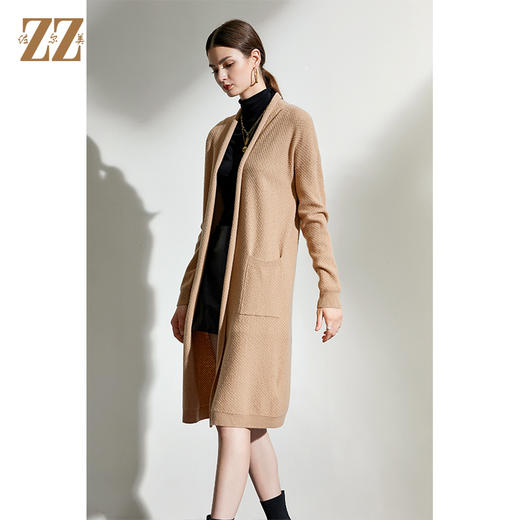 佐尔美2021冬季新款 卡其色绿色长袖中长羊毛衫开衫外套女E04MS05 商品图3