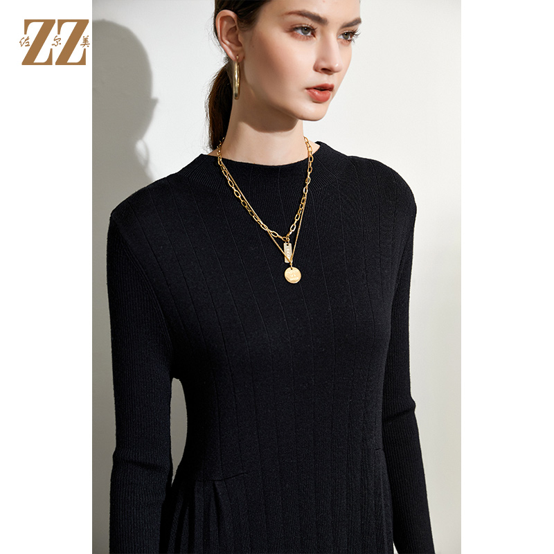 佐尔美2021冬季新款 黑色收腰圆领百搭中长羊毛衫E94MS01