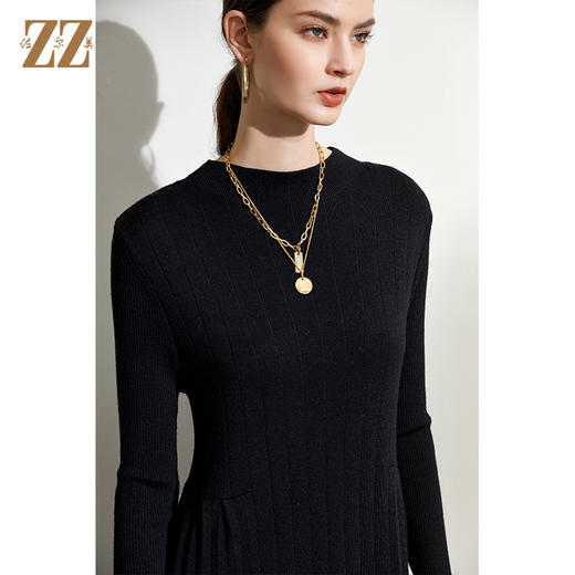 佐尔美2021冬季新款 黑色收腰圆领百搭中长羊毛衫E94MS01 商品图0