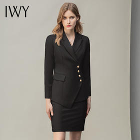 IWY/时尚气质黑色长袖西装半裙套装职业装女装通勤修身西服套裙秋冬款CS10407黑色