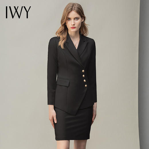 IWY/时尚气质黑色长袖西装半裙套装职业装女装通勤修身西服套裙秋冬款CS10407黑色 商品图0