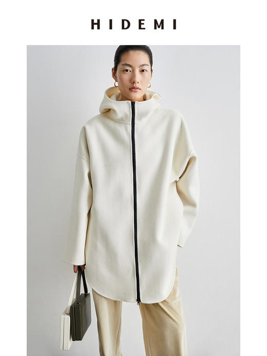 HIDEMI 奶油乳白连帽拉链式简约廓形中长款双面呢大衣 商品图4