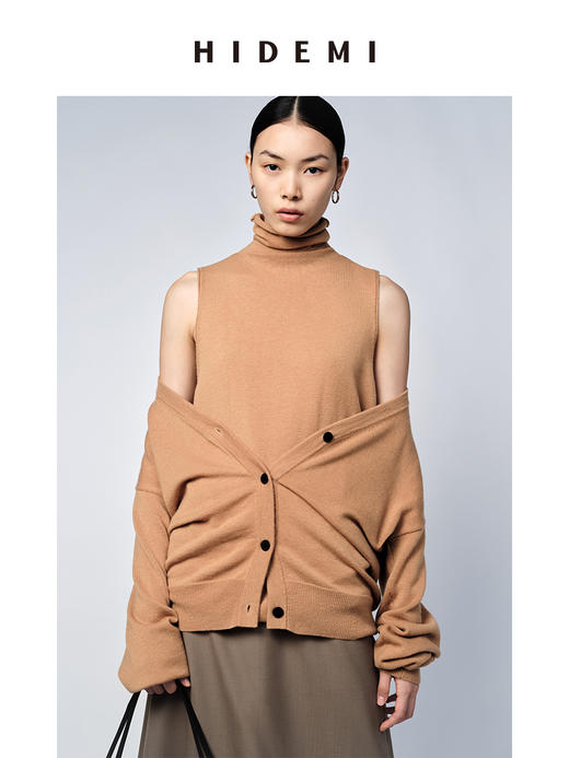 HIDEMI 美利奴羊毛太妃色v领开衫/堆堆领背心 商品图5