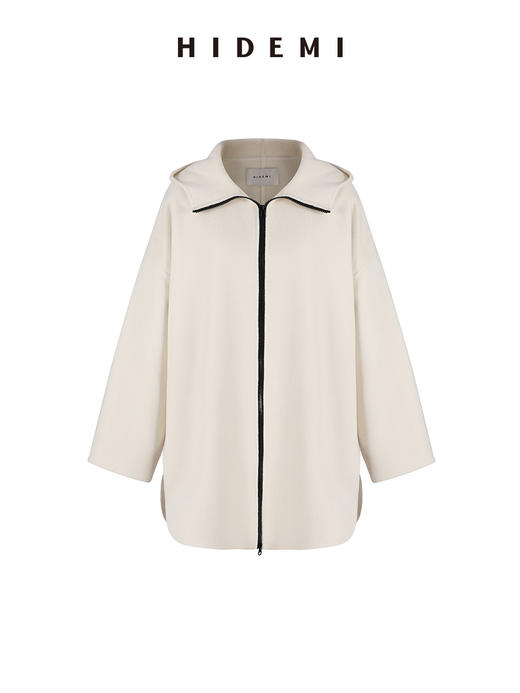 HIDEMI 奶油乳白连帽拉链式简约廓形中长款双面呢大衣 商品图6
