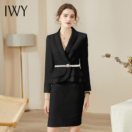 IWY/时尚黑色西装半裙女名媛气质小香风售楼部工作服秋季长袖商务正装CS936黑色 商品图0