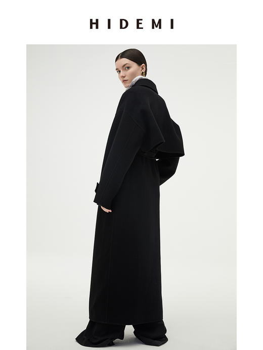 HIDEMI 黑色分体斗篷两件套美利奴羊毛双面呢长款大衣 商品图3