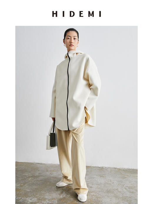 HIDEMI 奶油乳白连帽拉链式简约廓形中长款双面呢大衣 商品图2