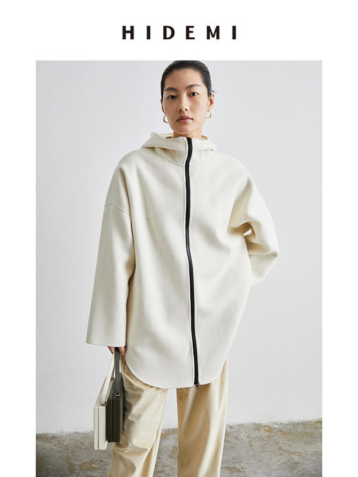 HIDEMI 奶油乳白连帽拉链式简约廓形中长款双面呢大衣 商品图0