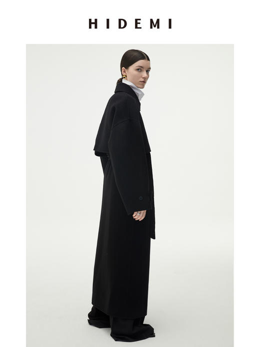 HIDEMI 黑色分体斗篷两件套美利奴羊毛双面呢长款大衣 商品图2