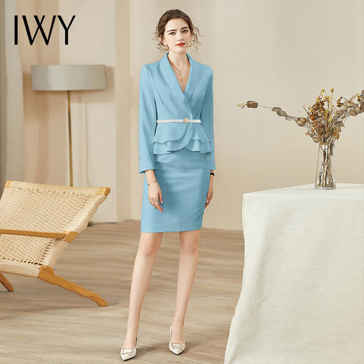 IWY/浅蓝色职业套装女珍珠绑带主持人上镜西装套裙名媛小香风工作服OLCS936 商品图2