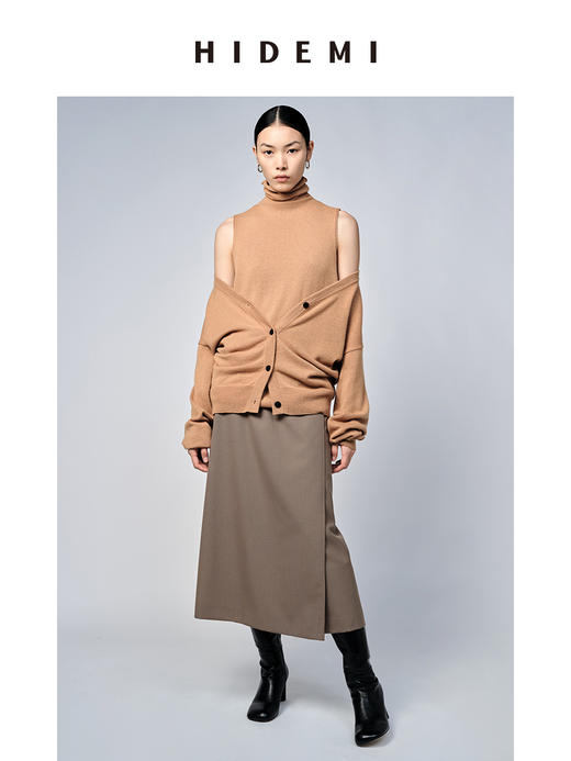 HIDEMI 美利奴羊毛太妃色v领开衫/堆堆领背心 商品图3