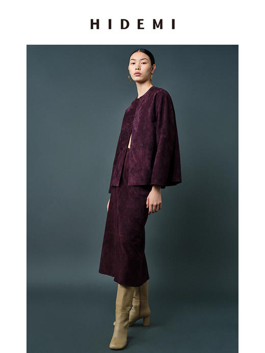 HIDEMI 勃艮第酒红色麂皮圆领短款外套 商品图3
