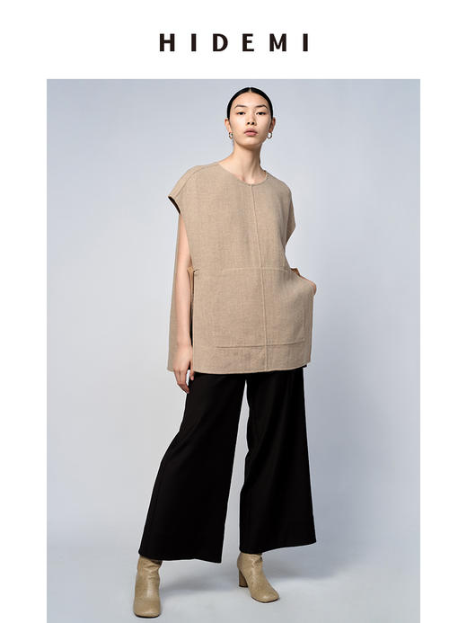HIDEMI 圆领简约设计感双面毛呢口袋宽松大马夹 商品图5
