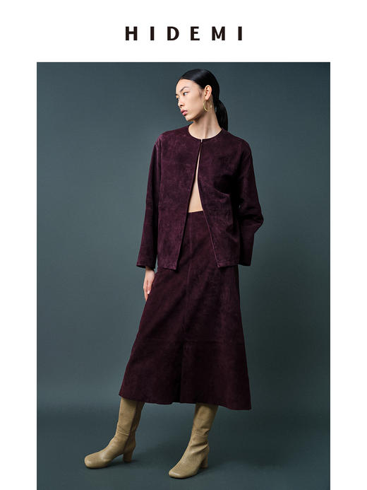 HIDEMI 勃艮第酒红色麂皮圆领短款外套 商品图4