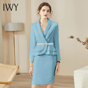 IWY/浅蓝色职业套装女珍珠绑带主持人上镜西装套裙名媛小香风工作服OLCS936