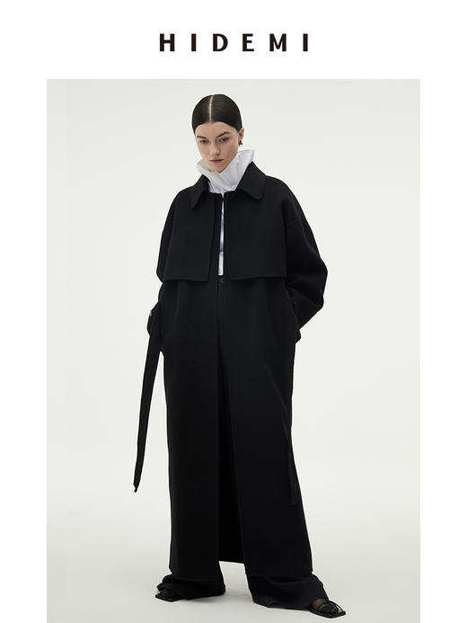 HIDEMI 黑色分体斗篷两件套美利奴羊毛双面呢长款大衣 商品图1