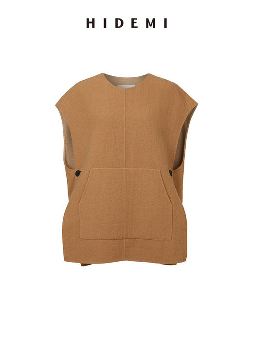 HIDEMI 圆领简约设计感双面毛呢口袋宽松大马夹 商品图6