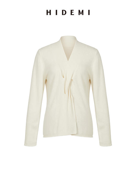 HIDEMI 美利奴超细羊毛立体交叉打结款V领修身毛衣 原白色/深摩卡/黑色 商品图8