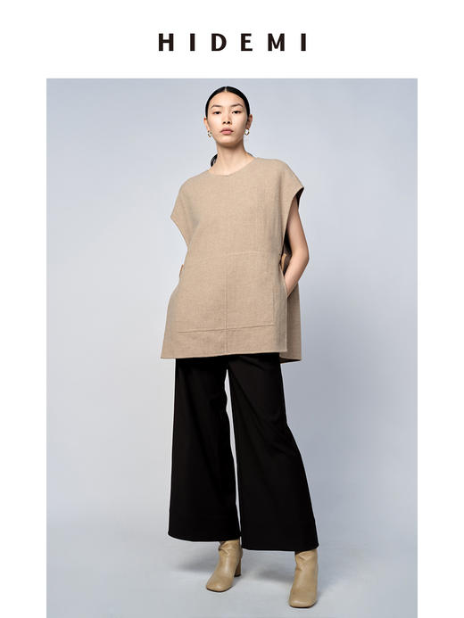 HIDEMI 圆领简约设计感双面毛呢口袋宽松大马夹 商品图4