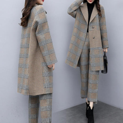 KLJ2296-2021新款女装冬两件套裤大码格子毛呢外套阔腿裤休闲时尚套装女潮 商品图3