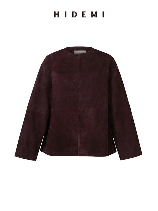 HIDEMI 勃艮第酒红色麂皮圆领短款外套 商品图8