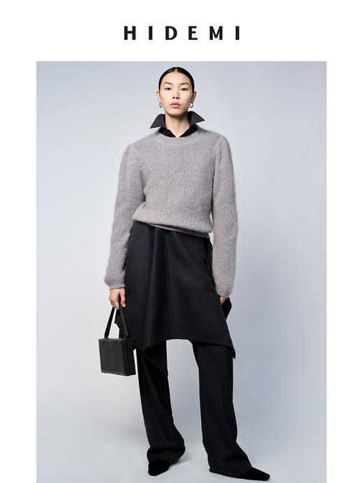 HIDEMI 南非初生马海毛泡泡袖短款毛衣 灰色/森绿 商品图2