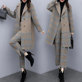 KLJ2296-2021新款女装冬两件套裤大码格子毛呢外套阔腿裤休闲时尚套装女潮