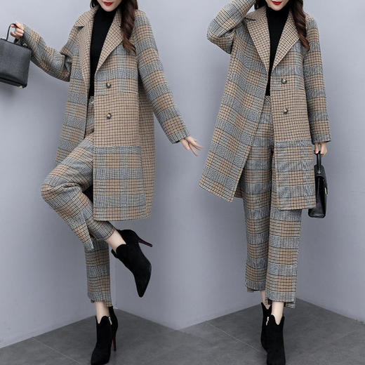 KLJ2296-2021新款女装冬两件套裤大码格子毛呢外套阔腿裤休闲时尚套装女潮 商品图0