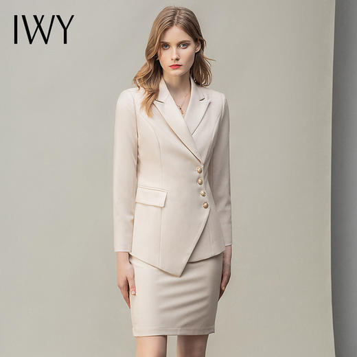 IWY/高端职业半裙气质女神范时尚杏色长袖西装套装秋冬小香风名媛正装CS10407米白 商品图0