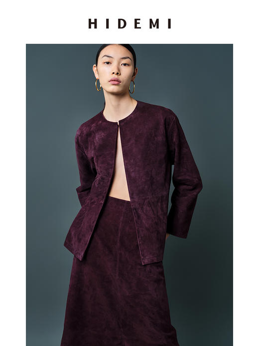 HIDEMI 勃艮第酒红色麂皮圆领短款外套 商品图6