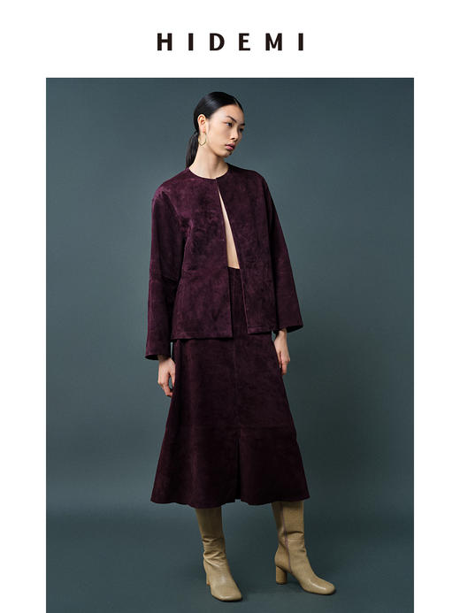 HIDEMI 勃艮第酒红色麂皮圆领短款外套 商品图2