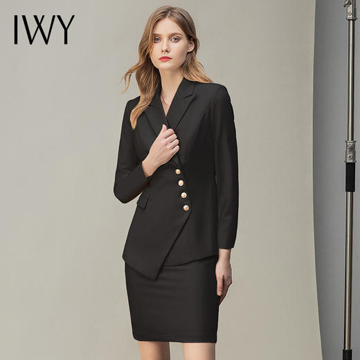IWY/时尚气质黑色长袖西装半裙套装职业装女装通勤修身西服套裙秋冬款CS10407黑色 商品图1