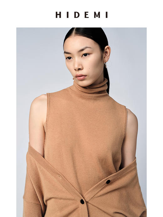 HIDEMI 美利奴羊毛太妃色v领开衫/堆堆领背心 商品图4