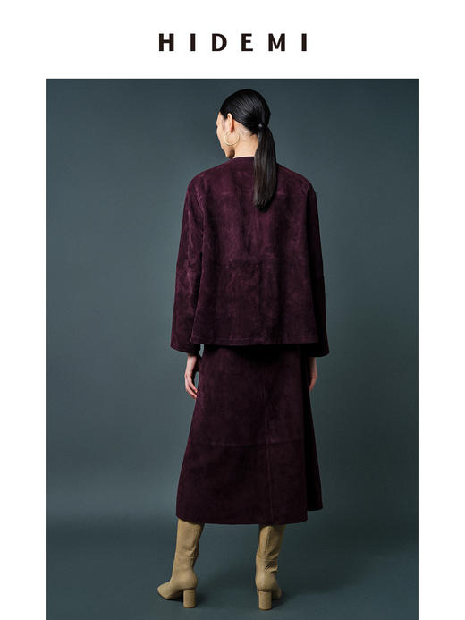 HIDEMI 勃艮第酒红色麂皮圆领短款外套 商品图7
