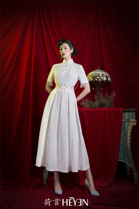 【明星同款】荷言HEYEN 凝眸似水 白色真丝冠乐绉礼服裙莲花手绣腰封