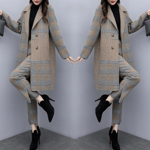 KLJ2296-2021新款女装冬两件套裤大码格子毛呢外套阔腿裤休闲时尚套装女潮 商品图1