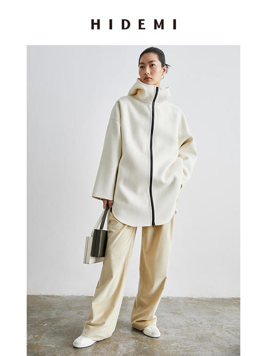 HIDEMI 奶油乳白连帽拉链式简约廓形中长款双面呢大衣 商品图5