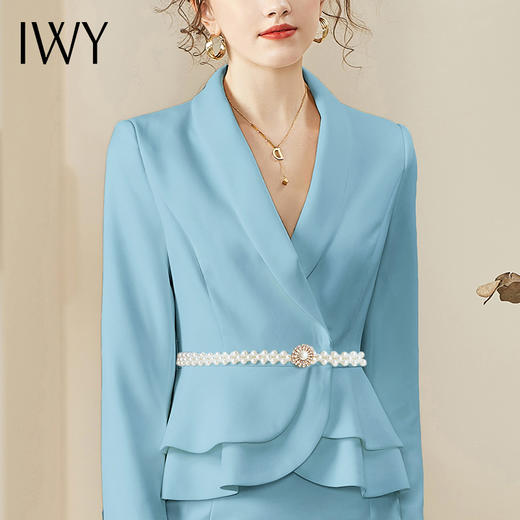 IWY/浅蓝色职业套装女珍珠绑带主持人上镜西装套裙名媛小香风工作服OLCS936 商品图4
