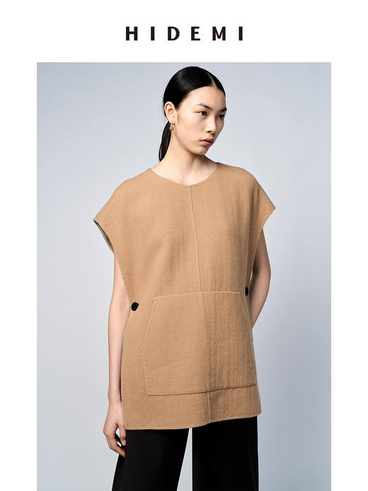 HIDEMI 圆领简约设计感双面毛呢口袋宽松大马夹 商品图3