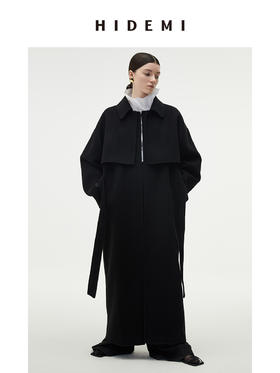 HIDEMI 黑色分体斗篷两件套美利奴羊毛双面呢长款大衣