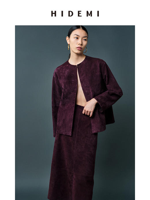 HIDEMI 勃艮第酒红色麂皮圆领短款外套 商品图5