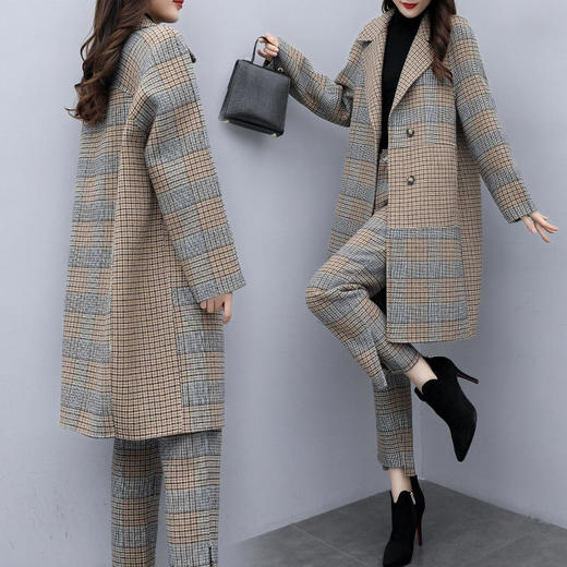 KLJ2296-2021新款女装冬两件套裤大码格子毛呢外套阔腿裤休闲时尚套装女潮 商品图2