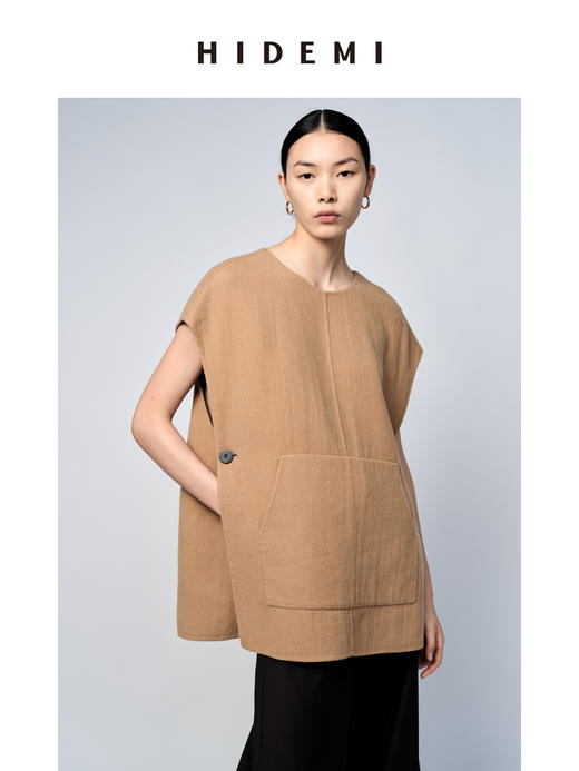 HIDEMI 圆领简约设计感双面毛呢口袋宽松大马夹 商品图0
