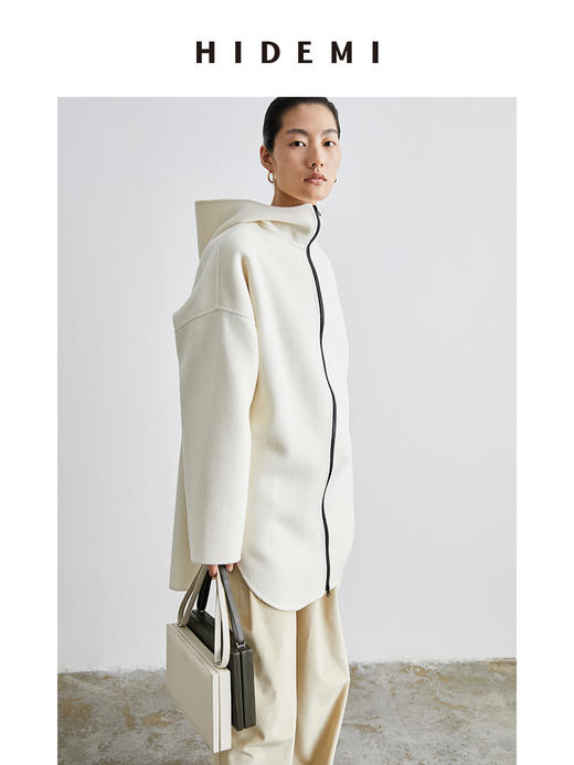HIDEMI 奶油乳白连帽拉链式简约廓形中长款双面呢大衣 商品图3