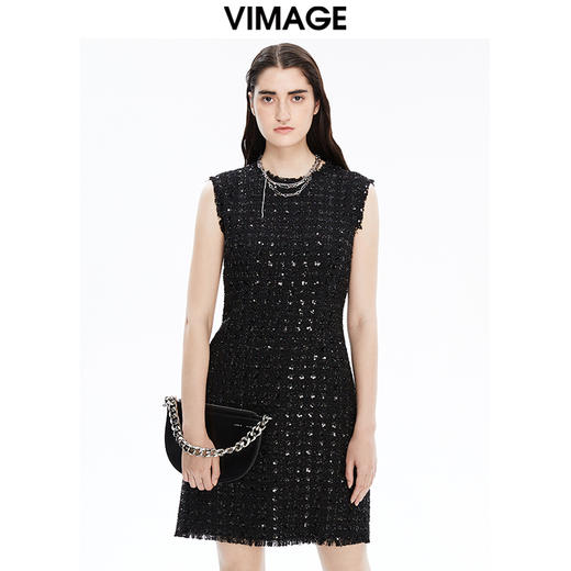VIMAGE纬漫纪冬季新款优雅气质收腰钉珠礼服裙长裙连衣裙5V1607237 商品图0
