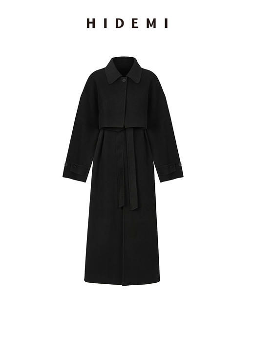 HIDEMI 黑色分体斗篷两件套美利奴羊毛双面呢长款大衣 商品图4