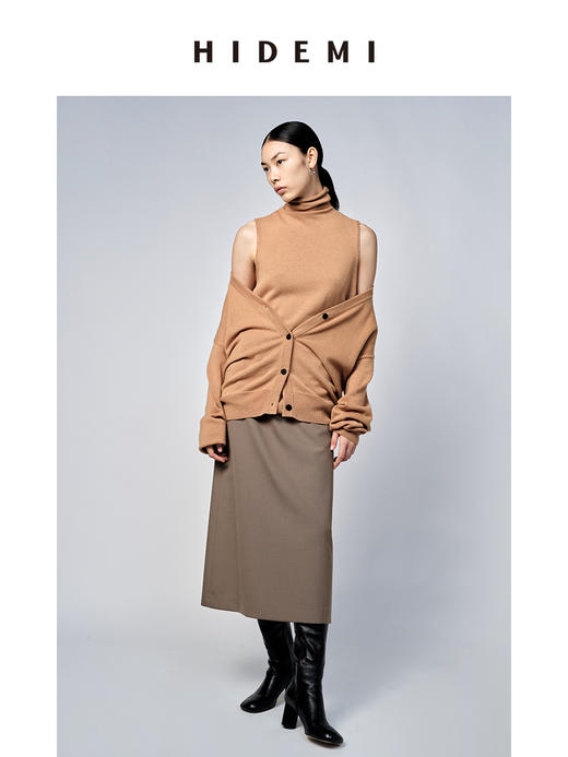 HIDEMI 美利奴羊毛太妃色v领开衫/堆堆领背心 商品图6